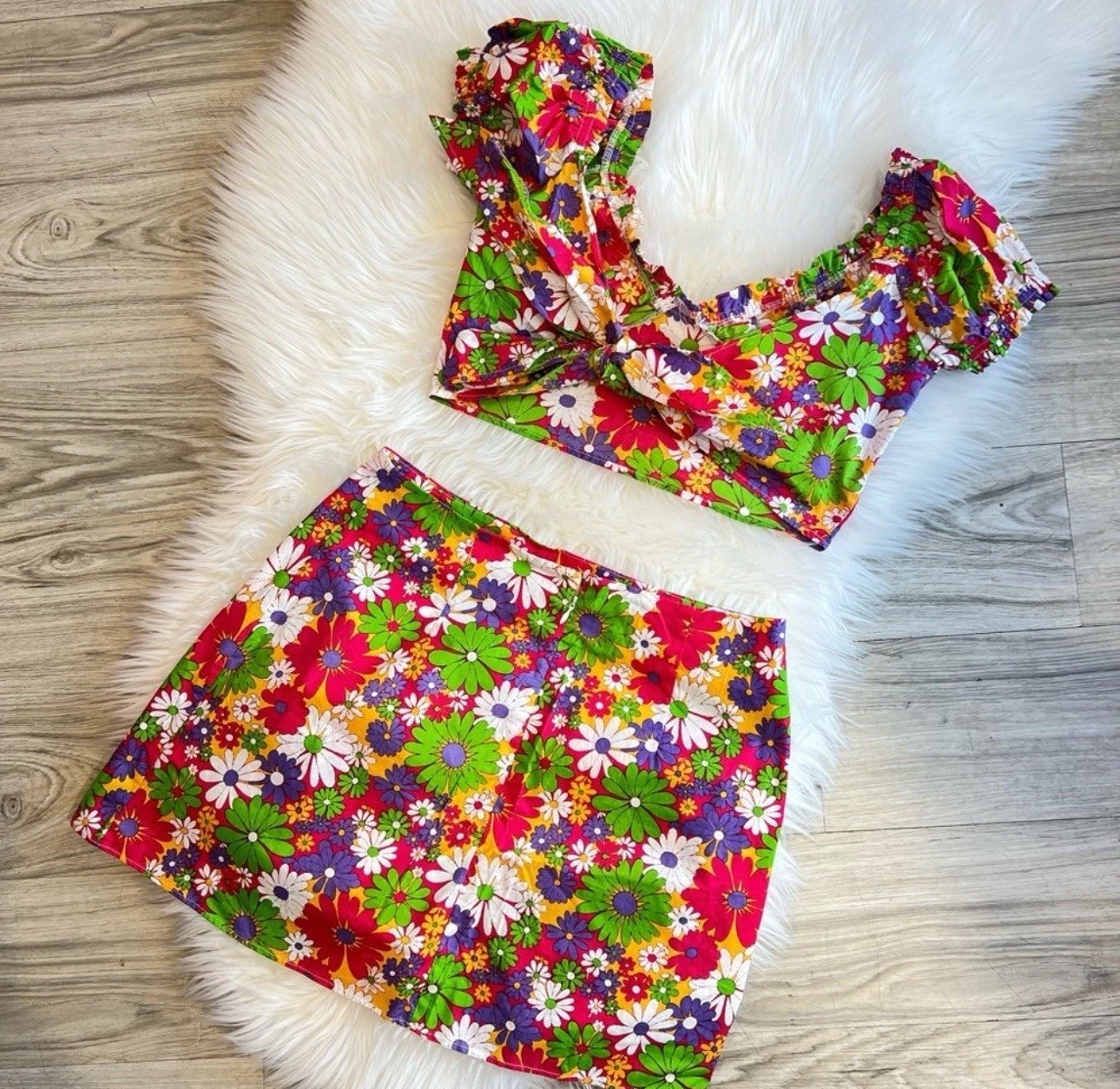 2pc Skirt and Top Colorful Retro 70s Floral Multicolor Set Festival Beach Hippie