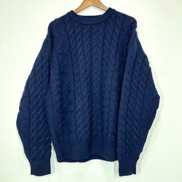 Vintage Structure 100% wool cable knit dark Navy Blue sweater Size XL