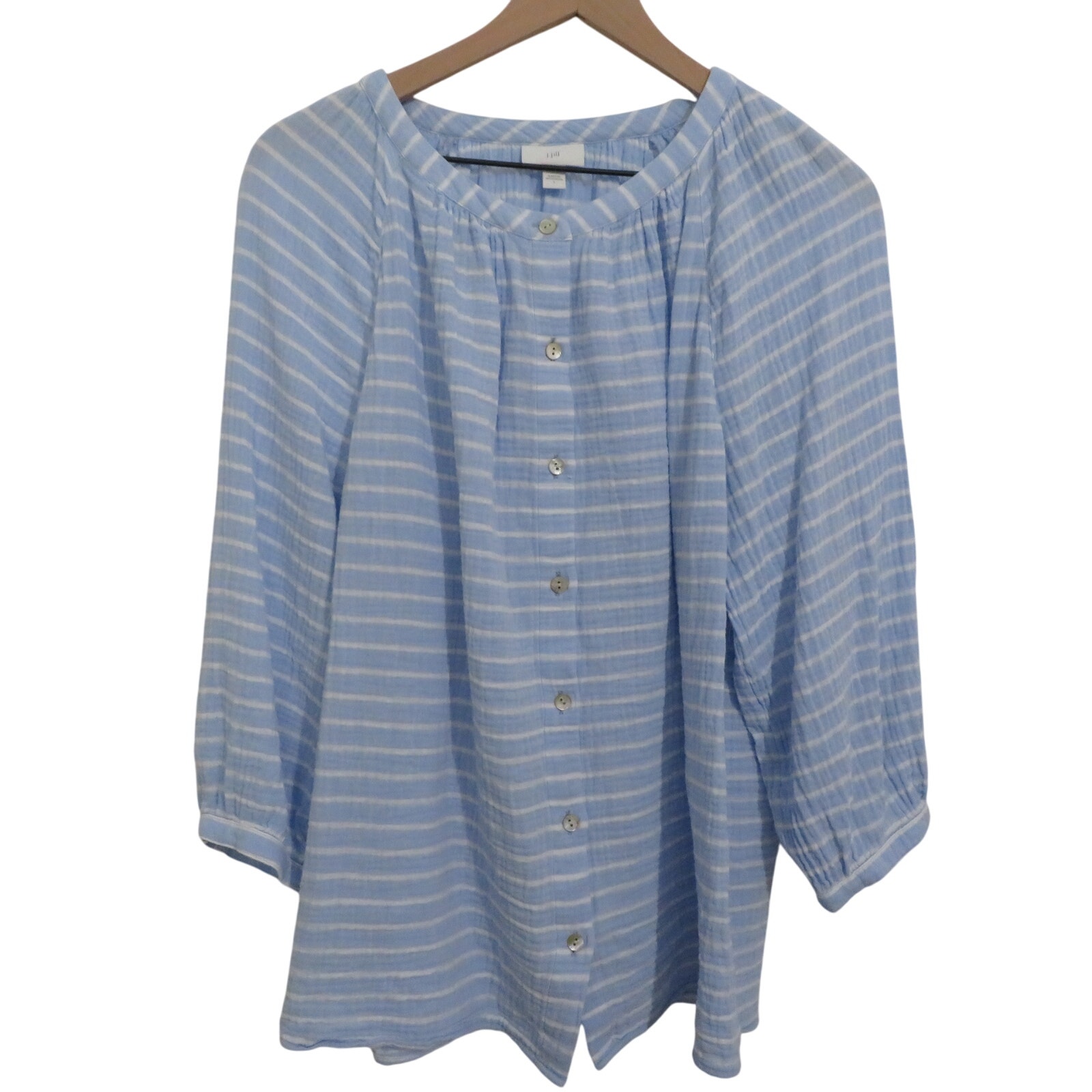 J.Jill Womens Sz L Light Blue White Cotton Gauze Striped Button Front Top
