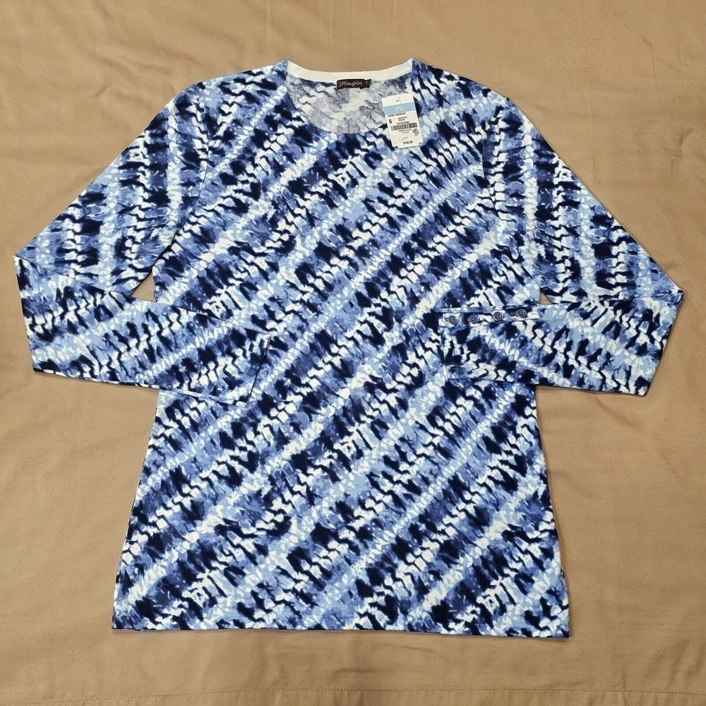 NWT! J. MCLAUGHLIN Lenny Sweater Button Sleeve Cuffs Blue White Abstract Small