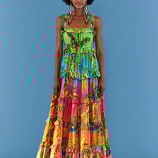 Farm Rio Ombre Forest Maxi Dress in Tropical Multicolor Tiered Rainbow, Size S
