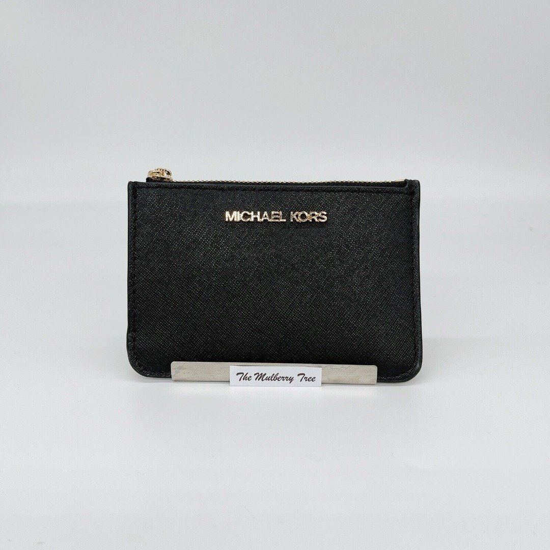 Michael Kors Jet Set Travel Black Small Top Zip Leather Coin Wallet NWT 188