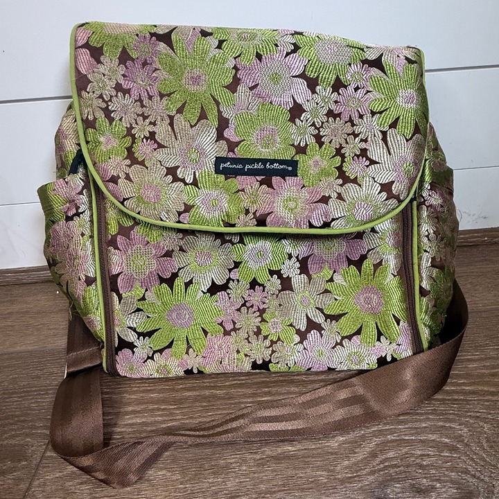 Petunia Pickle Bottom Boxy Backpack, Green Floral, Vintage, Shoulder Strap