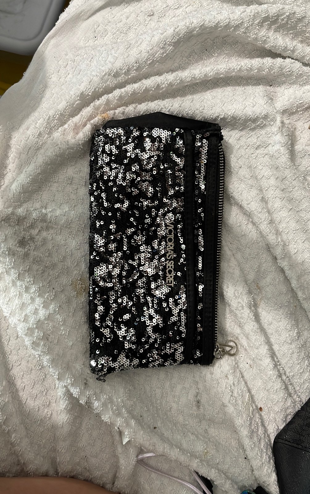 Victoria secret black silver sequence two zip wristlet
