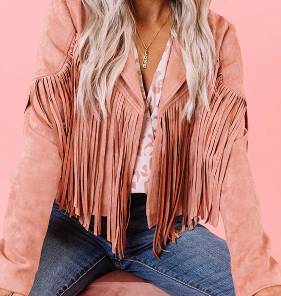 Faux Suede Fringe Jacket Blush/Pink