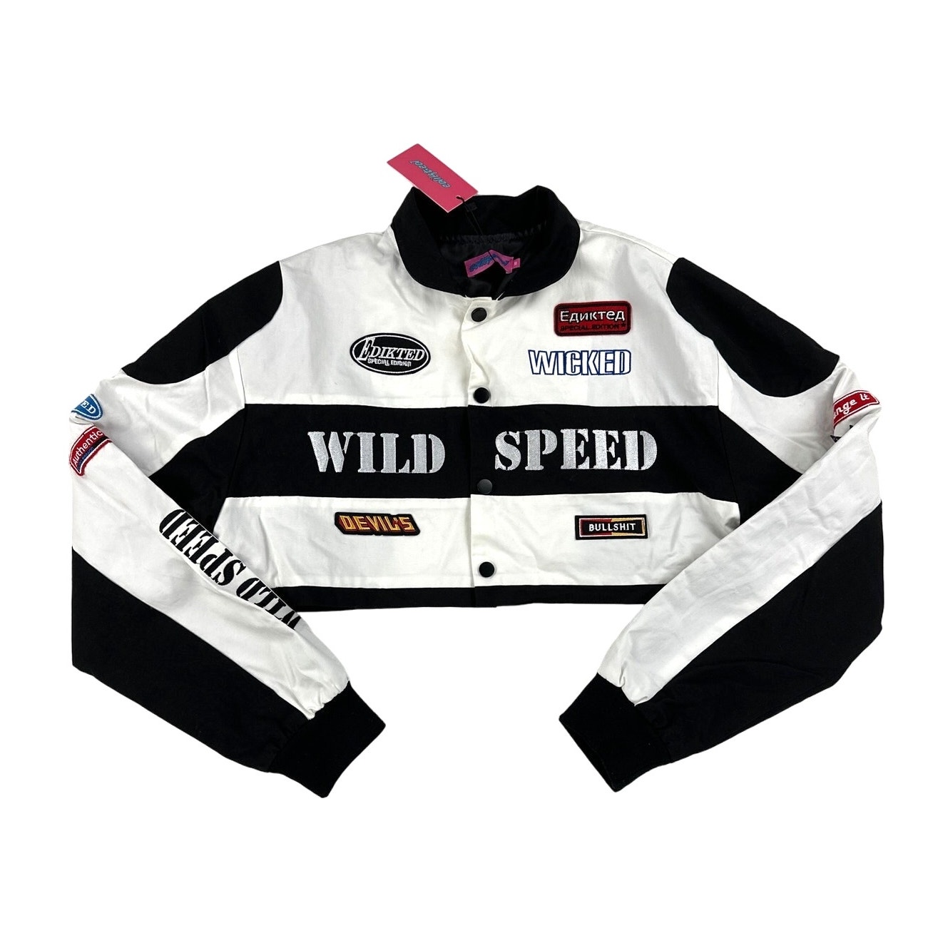 Edikted - Lenni Wild Speed Colorblock Patch Crop Jacket in White & Black