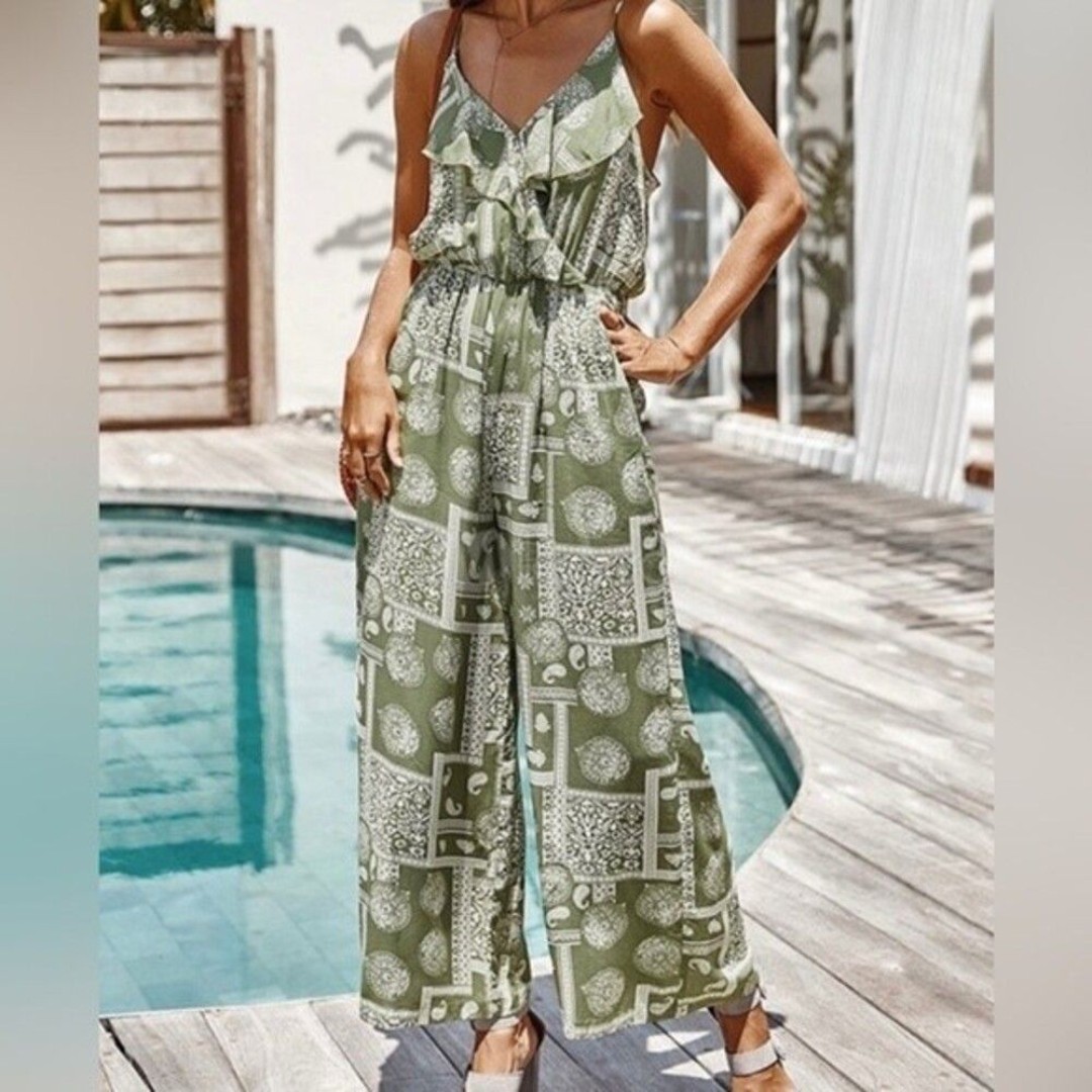 Bohemian Jumpsuit Light Green W/ Ruffles Wide leg