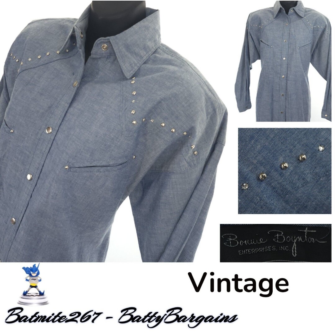 VTG Bonnie Boynton Denim Womens Western Snap Shirt Dres 80s 90s USA Studded Jean