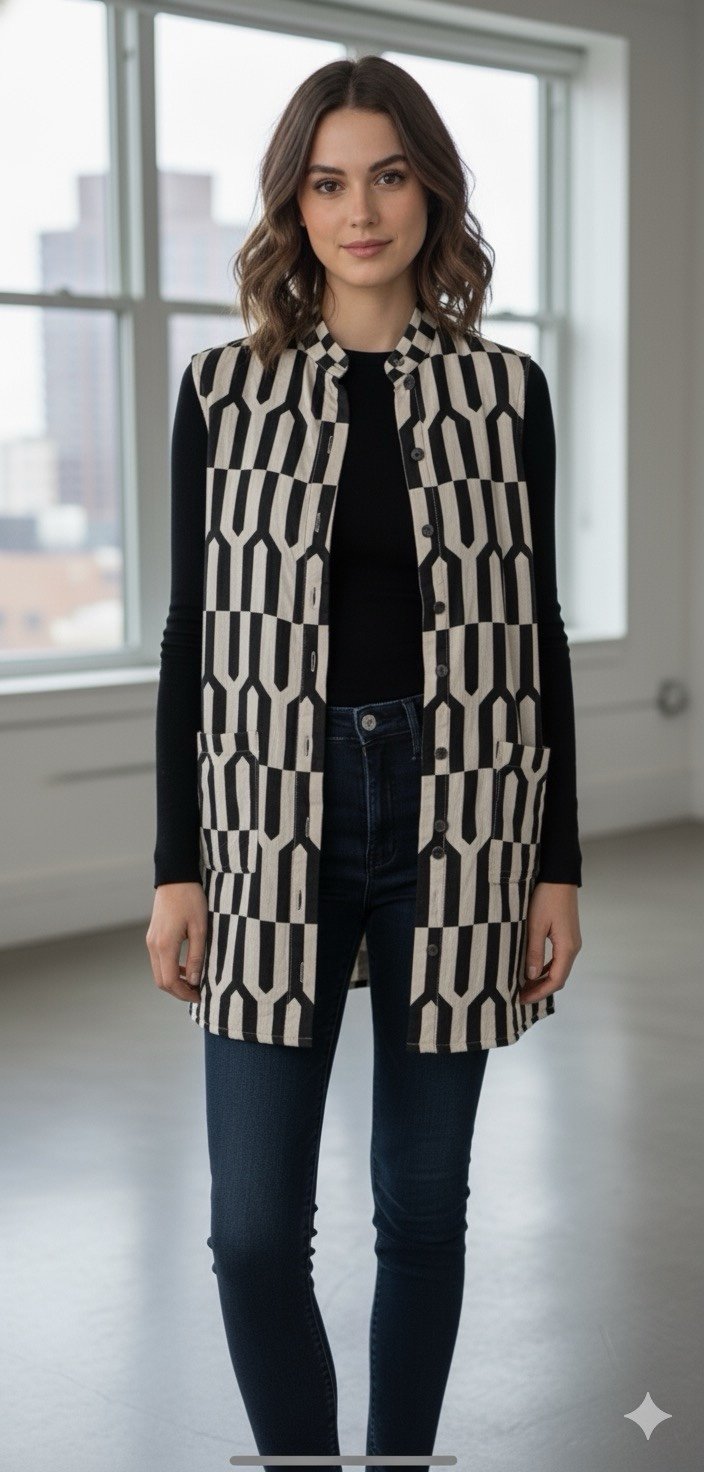 Bryn Walker Linen Keaton Vest Kimono Womens Size XXS Black Beige Lagenlook