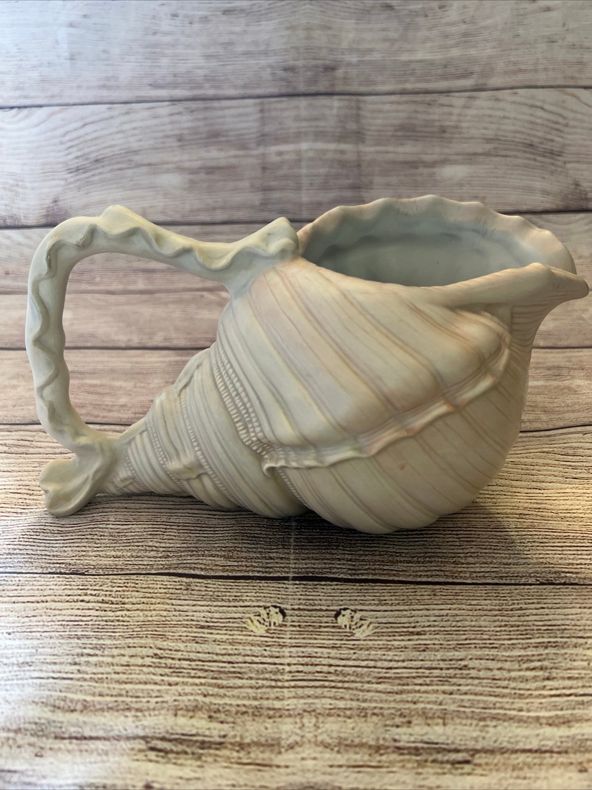 Otagiri Shell Pitcher White Gray Tan Porcelain 1996 Bisque 10x5x4”