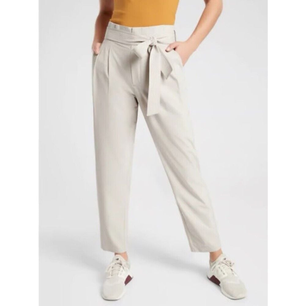 Athleta Skyline Pant II Size 16 Paperbag Waist Belted Beige Abalone Gray