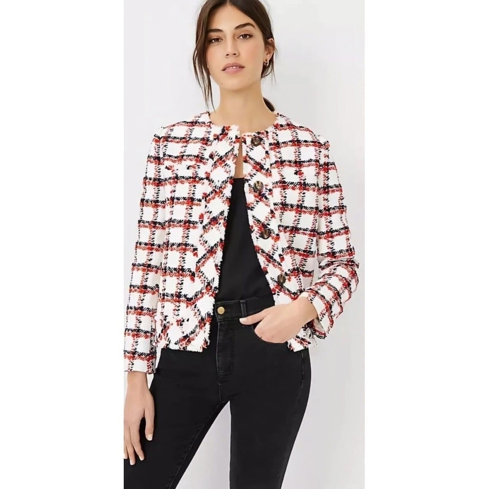 Ann Taylor Plaid Fringe Tweed Blazer Coat Jacket Patriotic USA 12 Petite