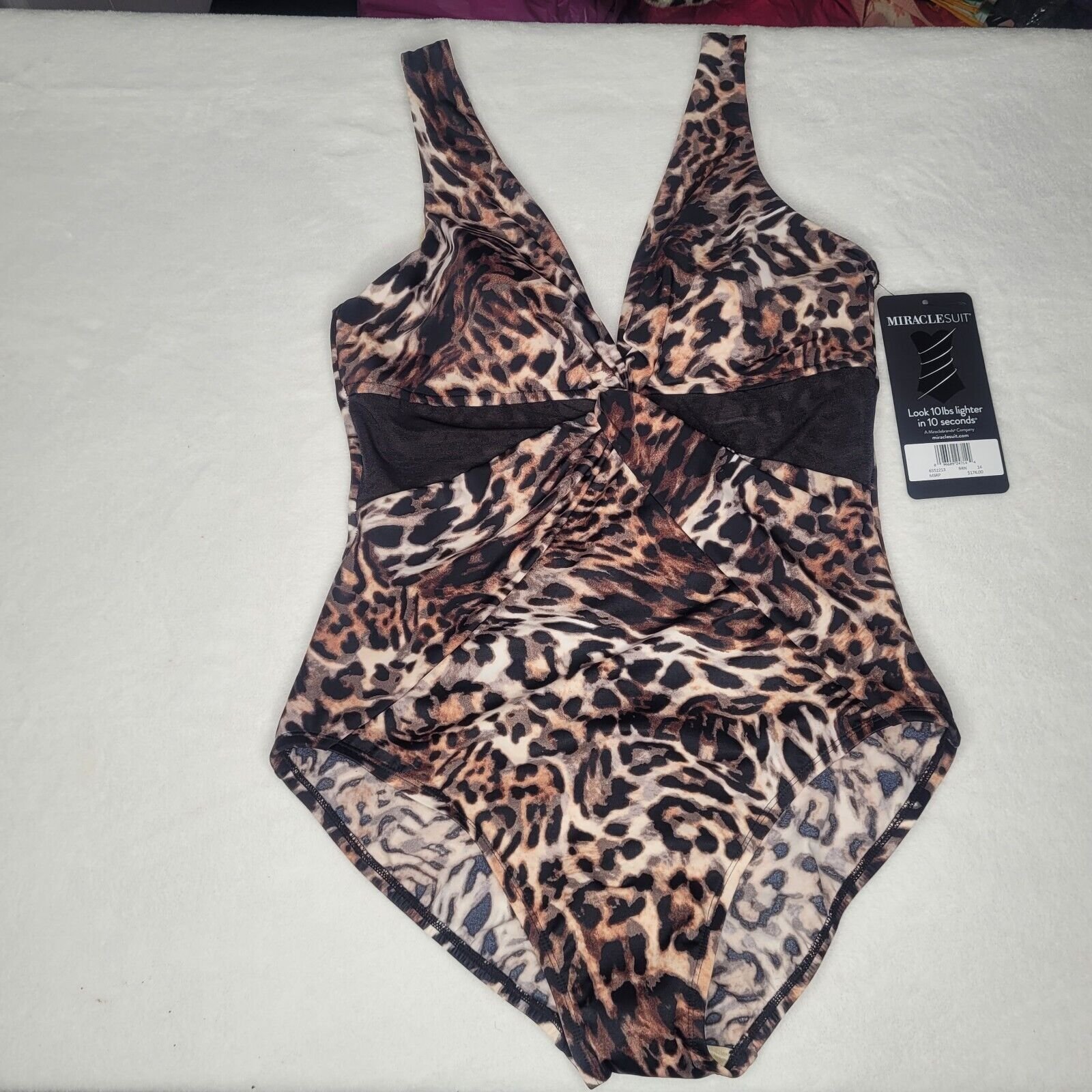 Miraclesuit Leopard Twist Of Fate Mesh Slimming V Neck Swimsuit Size 14 NWT