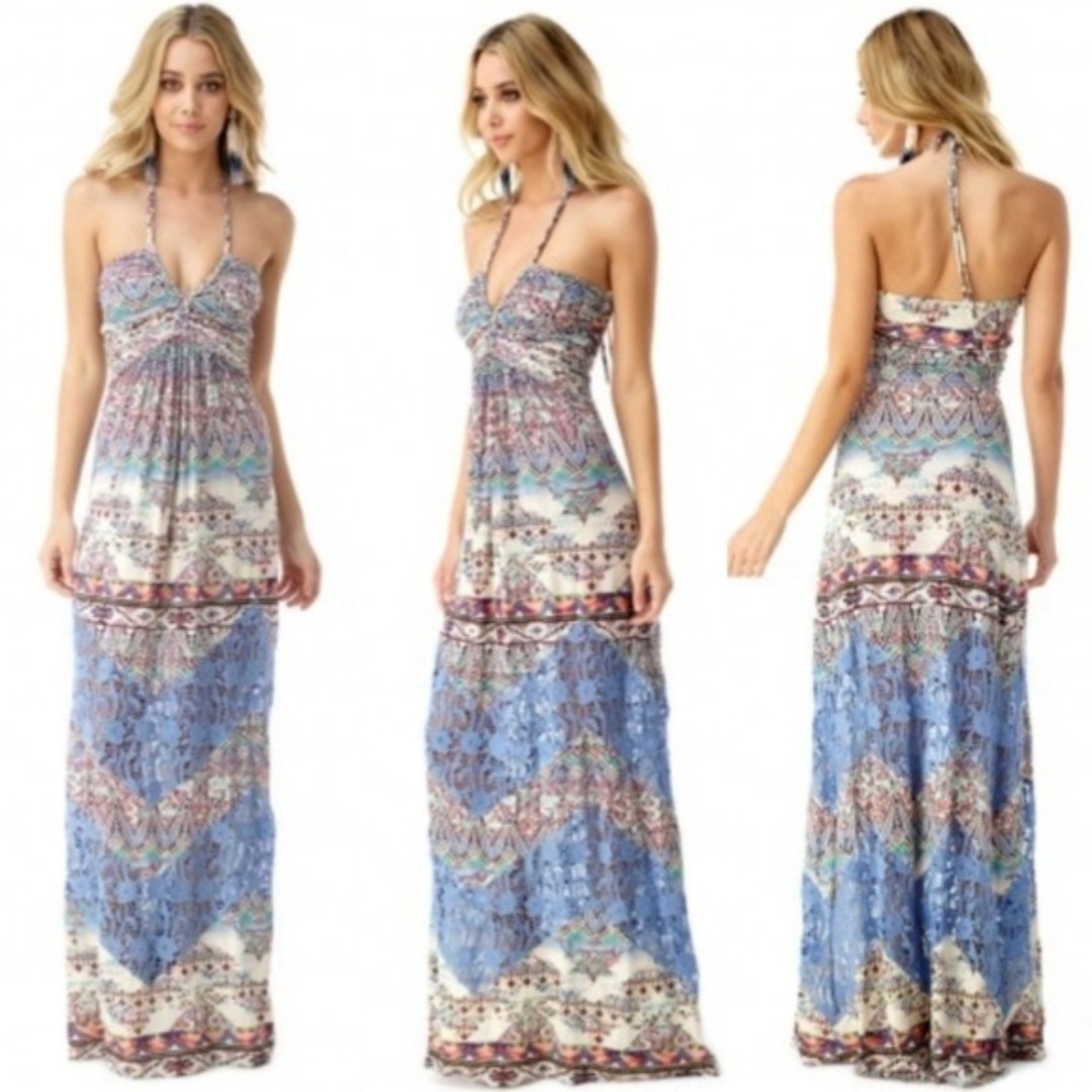 Sky Brand Women's THISBEA Halter Periwinkle Crochet Accent Maxi Dress Medium