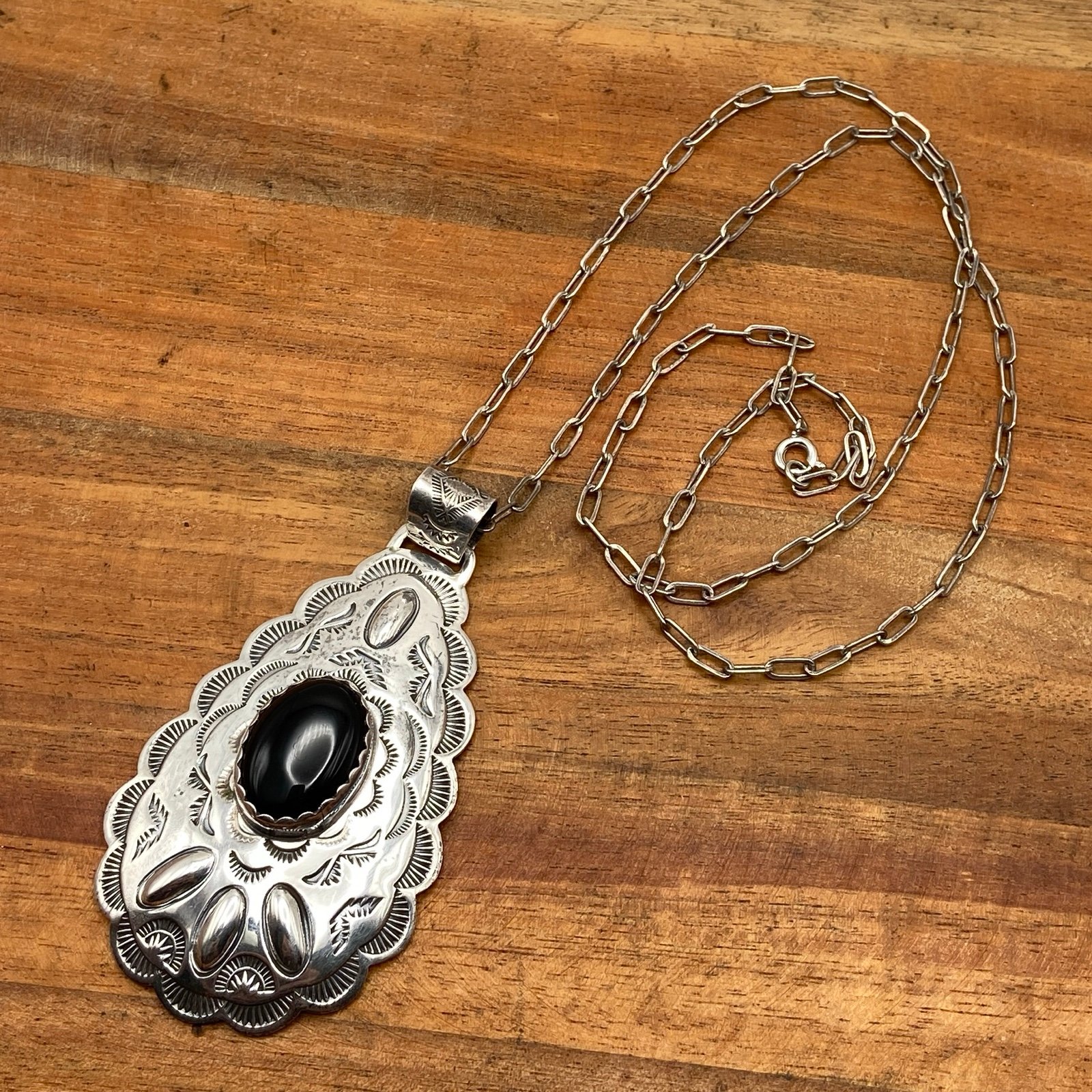 Native American J. Lucio Carved Sterling Silver & Onyx Pendant Necklace