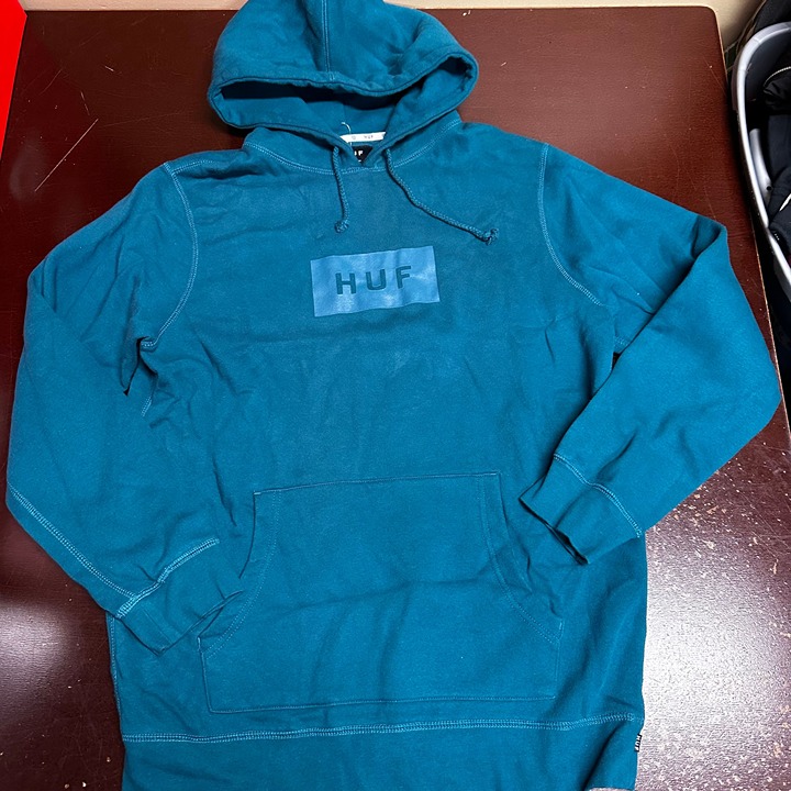 HUF Mens Blue Logo Long Sleeve Kangaroo Pockets Fleece Pullover Hoodie Size XL