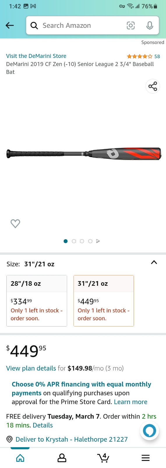 DeMarini 2019 CF Zen (-10) Senior League 2 3/4 Baseball Bat