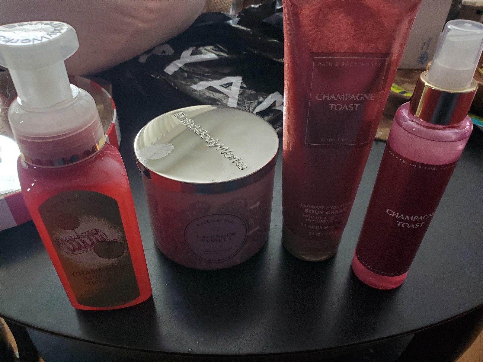 Bath and Body Works bundle: candle, lotion, soap, shimmer spray