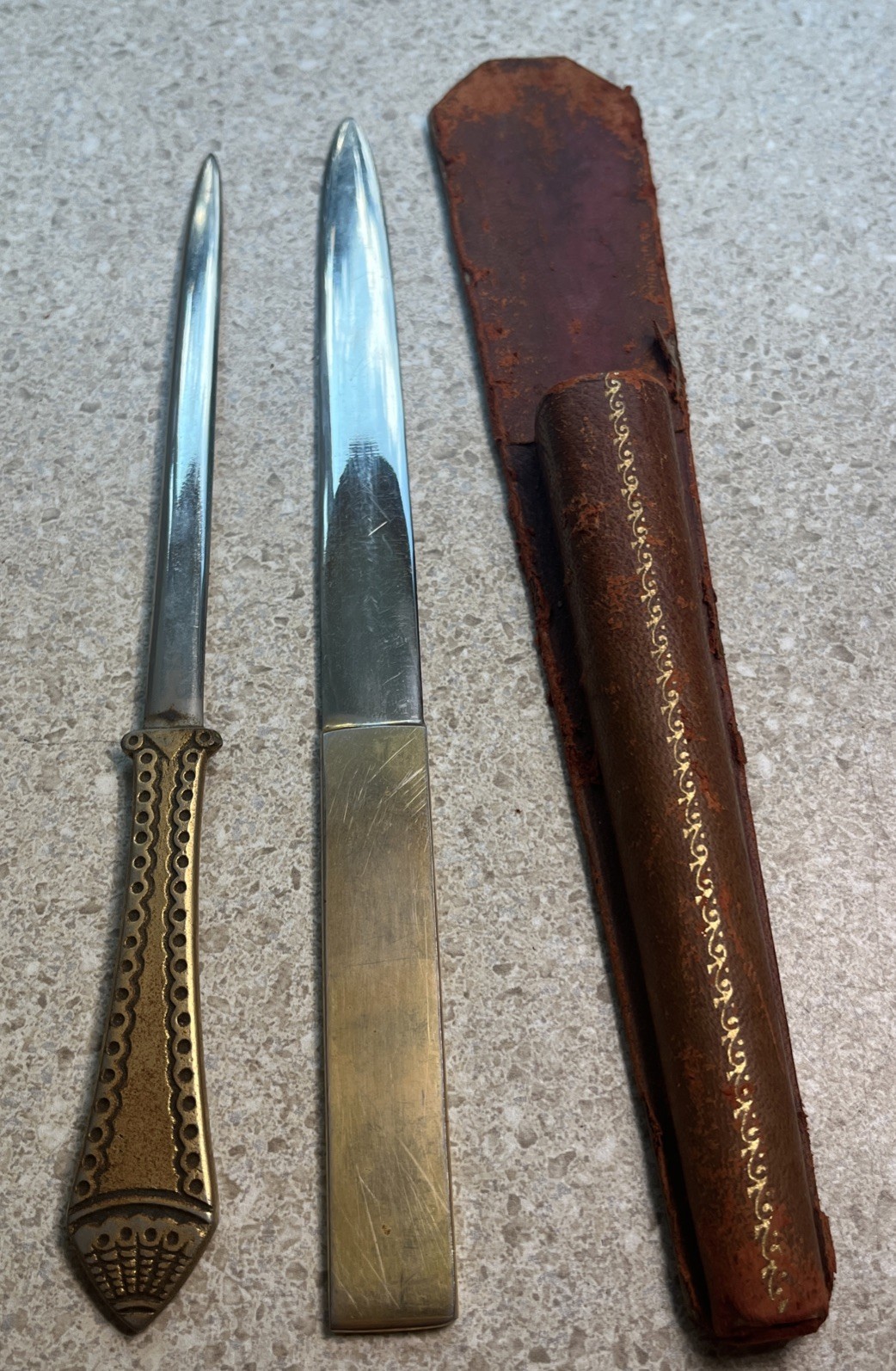 H832~ Vintage Rumpp Leather Sheath w/ Two Letter Openers Stainless & Brass