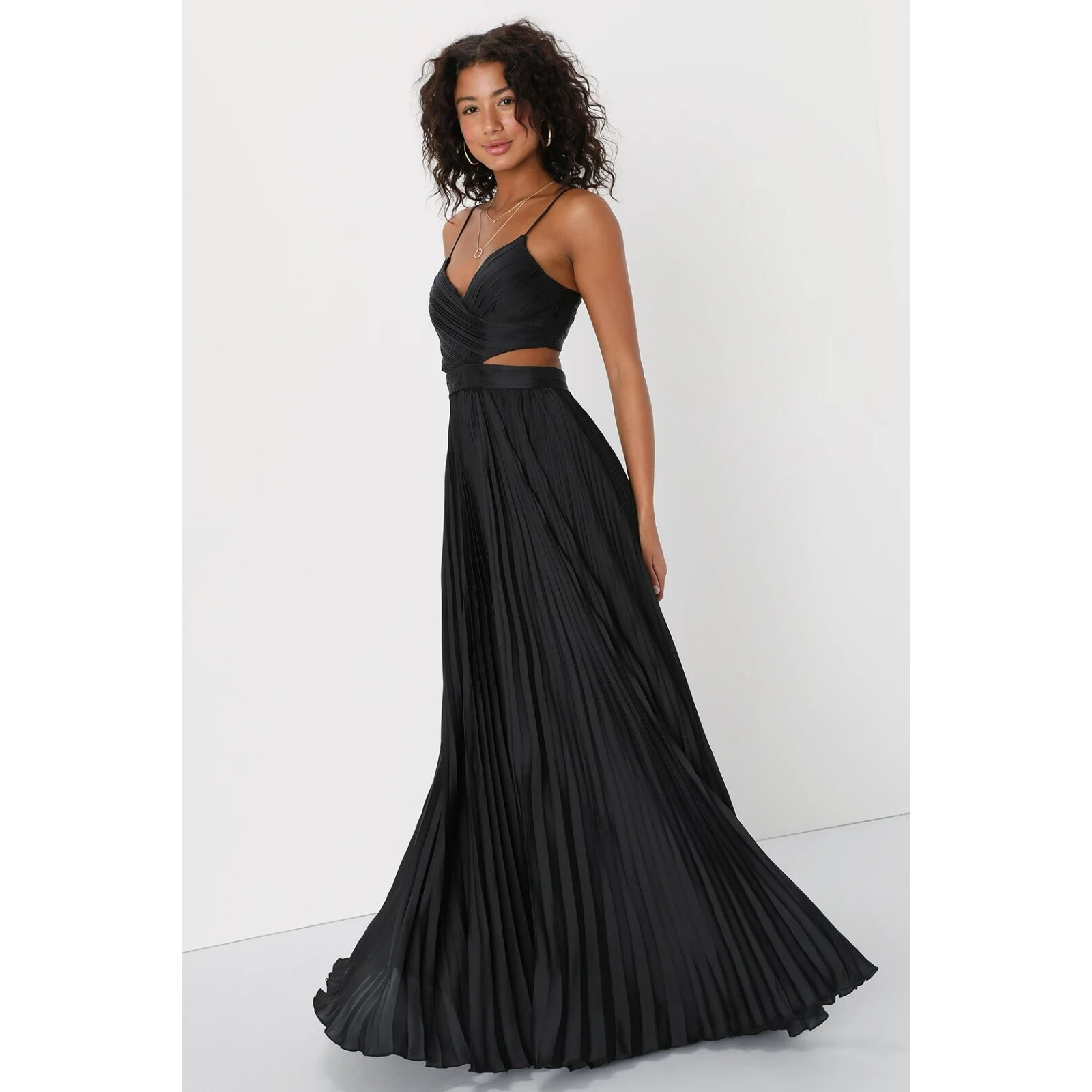 Lulus Got the Glam Black Pleated Cutout Maxi Dress in Black Women's Size Large
