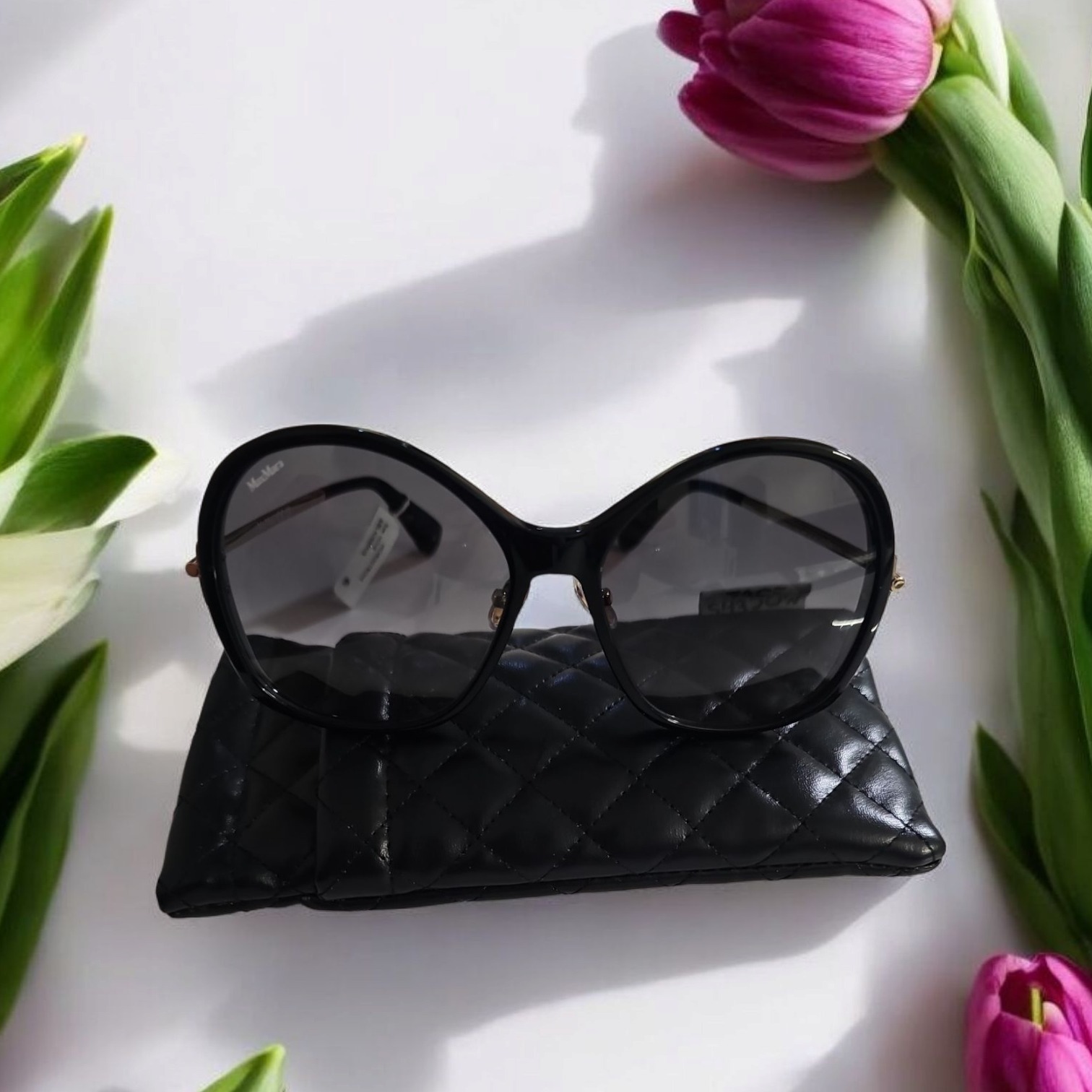 Max Mara Sunglasses Oversized Round Black Gold Designer Frames Women NWT & Case