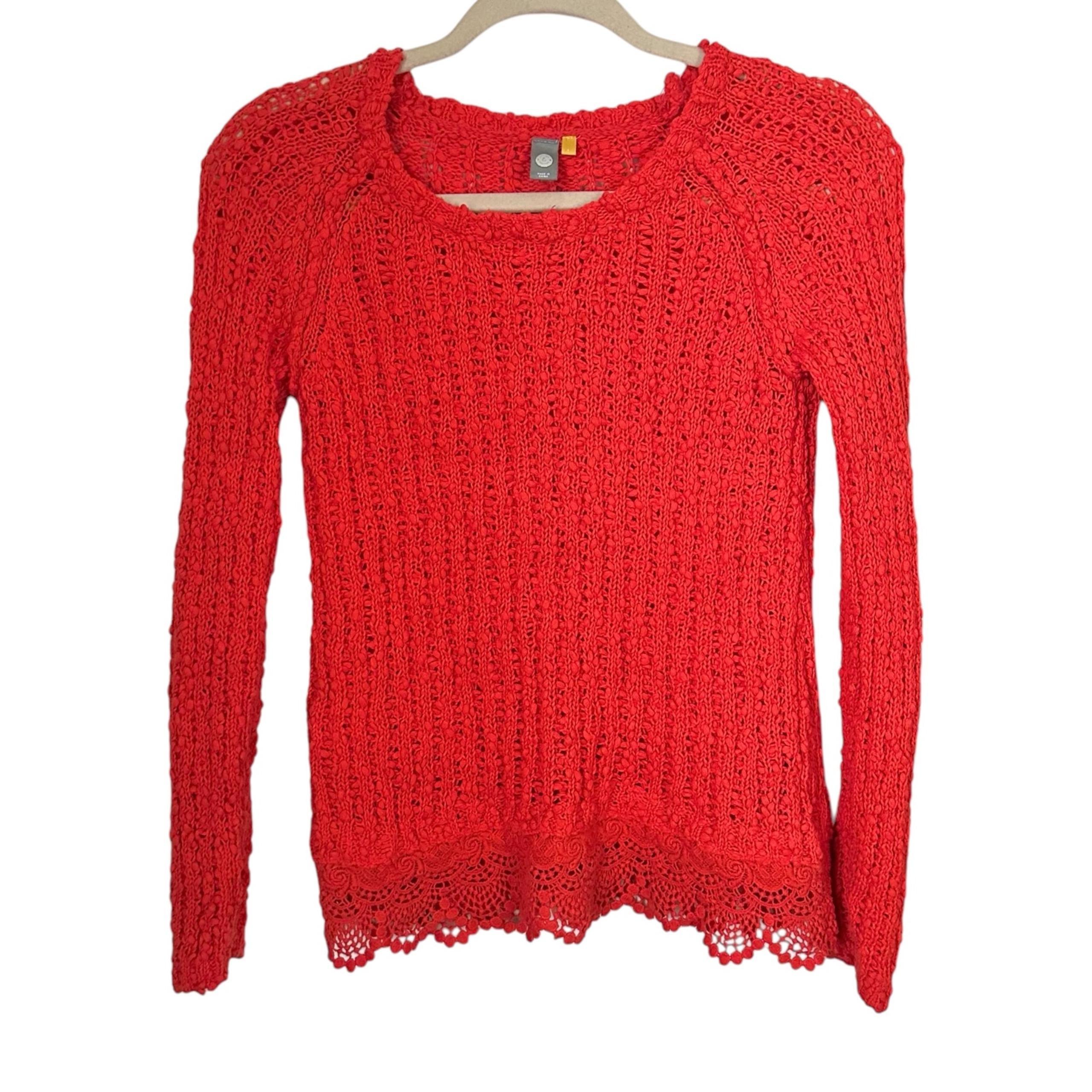 Anthropologie Knitted & Knotted Womens Sz S Coral Open Knit Crochet Hem Pullover