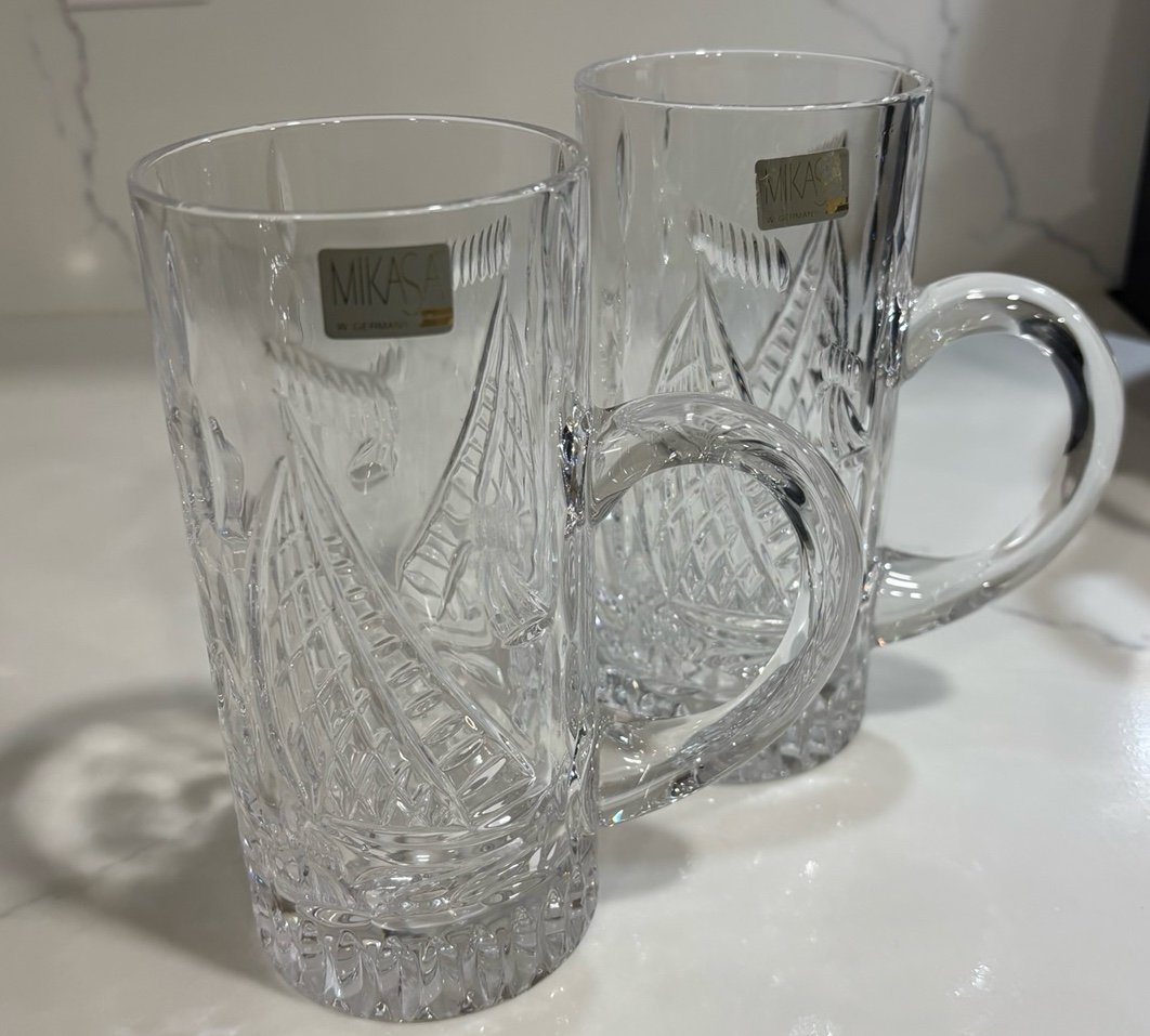 Mikasa Crystal Mug Sail Boat Beer Stein Handle Anchor Nautical Barware 80s Pair