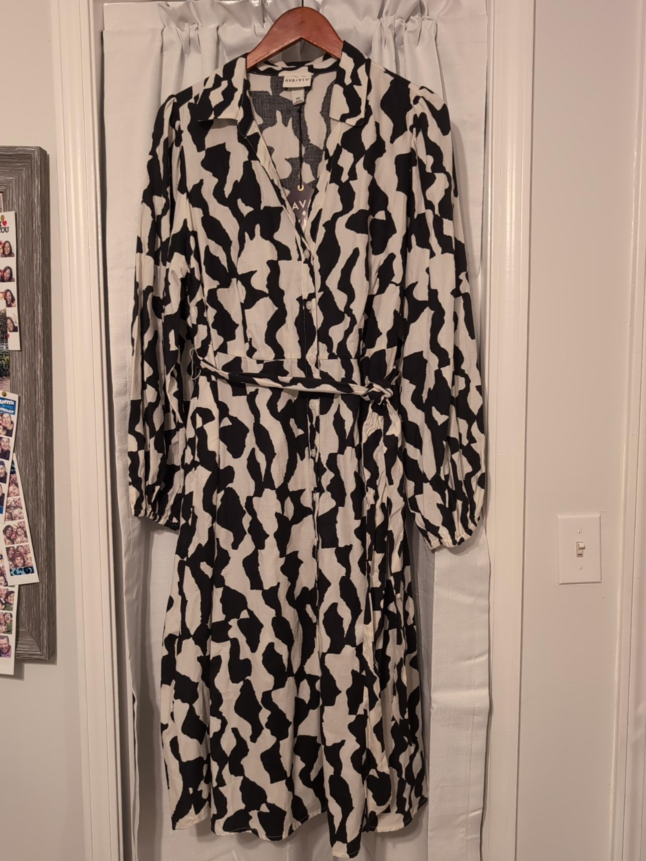 Cotton Black White NWT Belted Balloon Long Sleeve Shirt Dress XXL - Ava & Viv