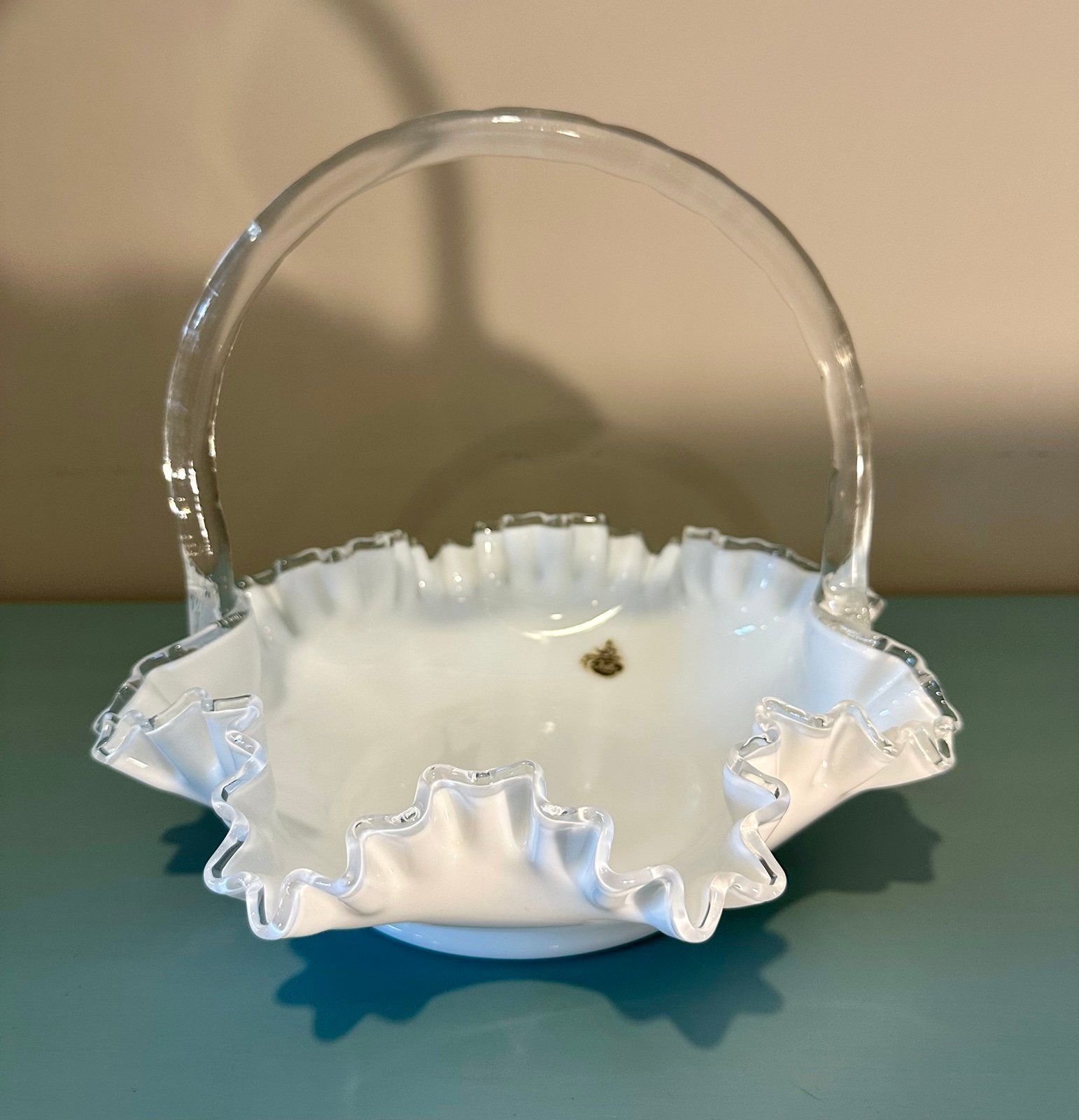Fenton Large White Milk Glass Silver Crested Ruffled Edge Handled Basket-Vintage