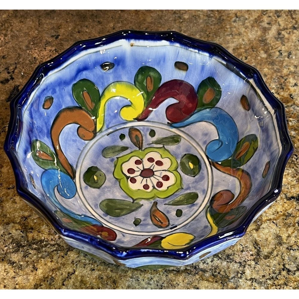 Talavera Bowl Pottery Colorful Scalloped Decorative Mexico Folk Art 7 X 3