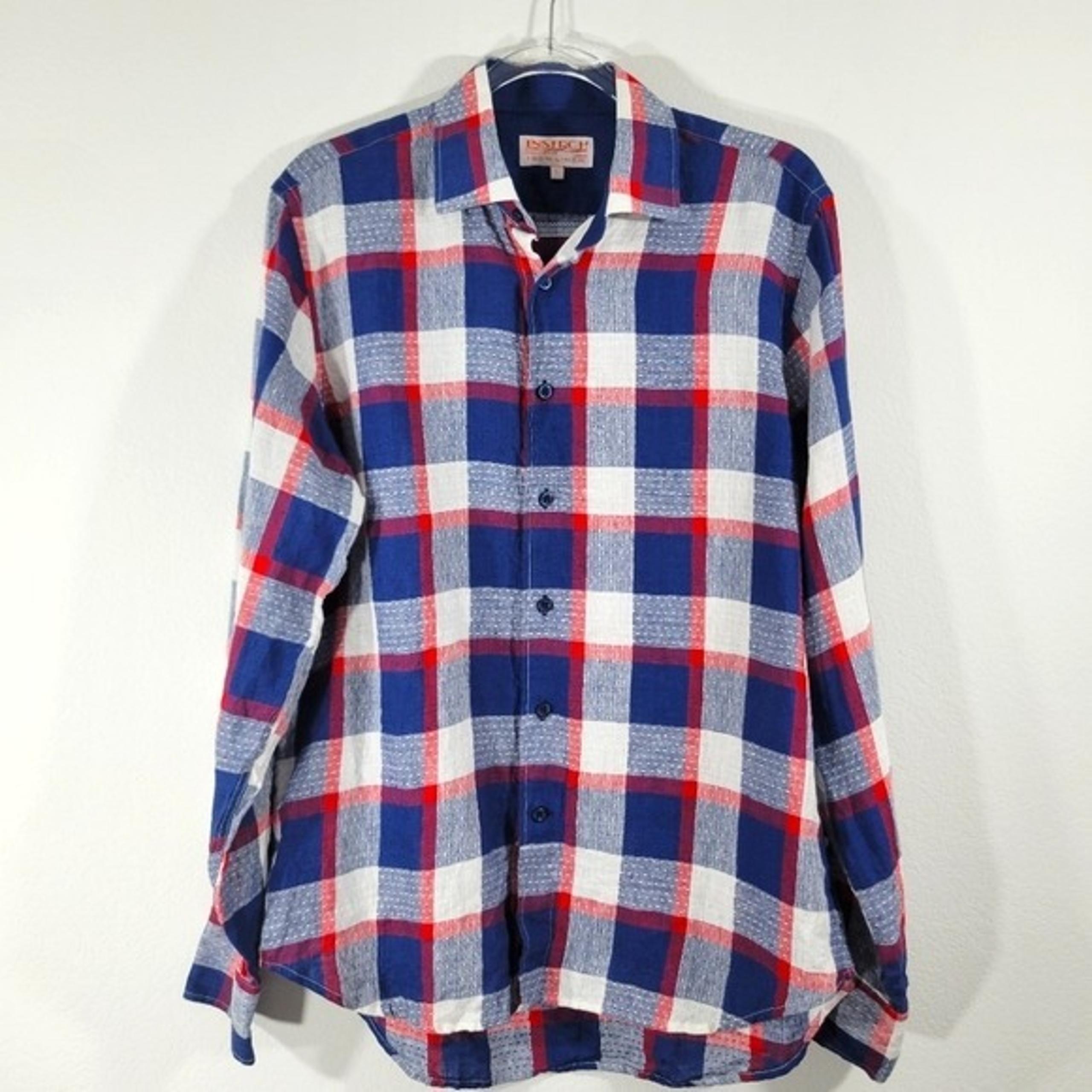 INSERCH Men's linen red white blue plaid long tab sleeve button down shirt