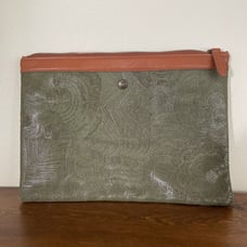 Sage Green & Brown Embossed Designer Leather Zip Pouch Bag Tablet Case 13”x9.5”
