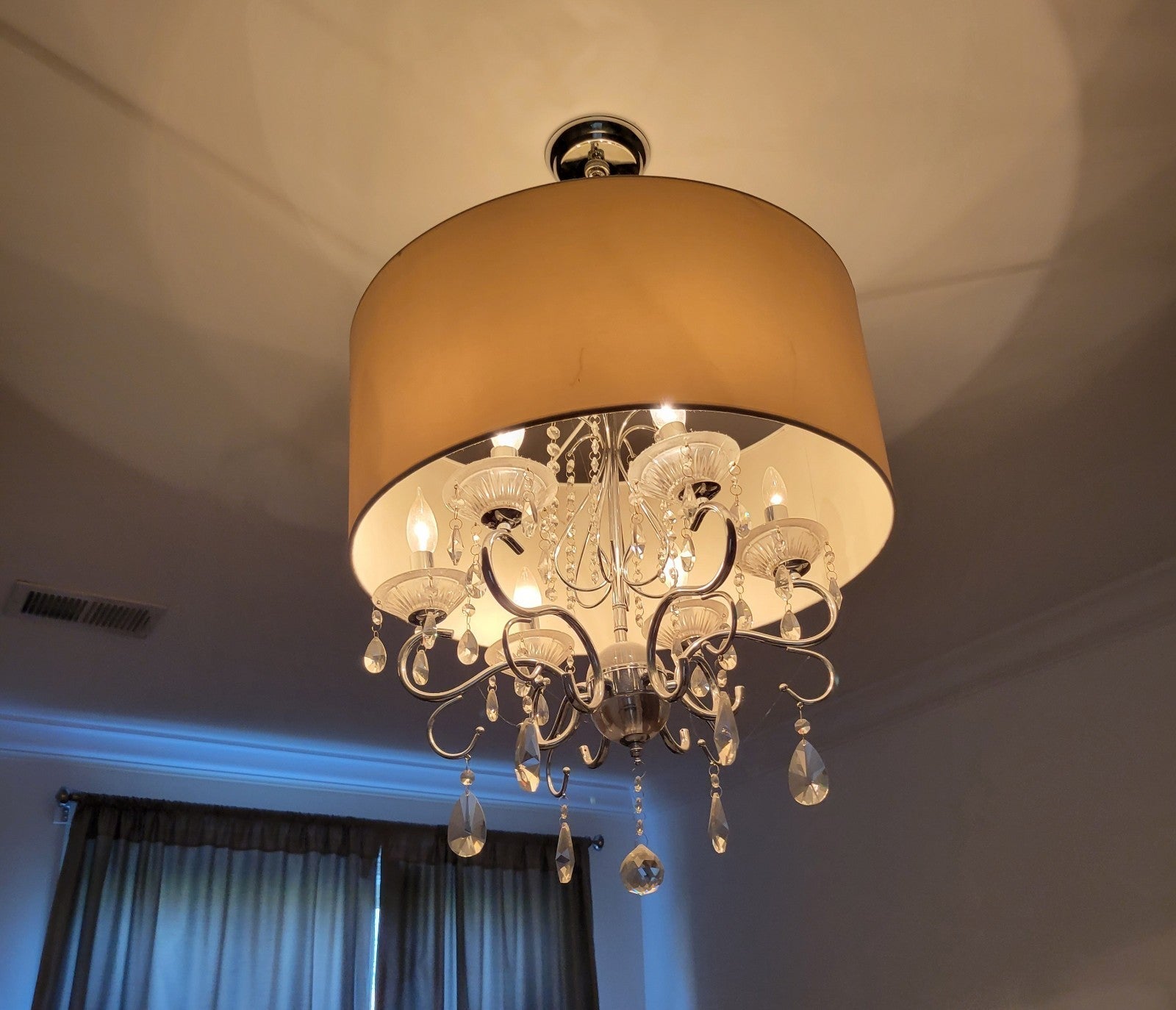 Chrome 6-light Beige Fabric Round Drum Chandlier