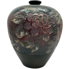 Vintage Etched 12 Stoneware Floral Vase / Urn Handmade Asian Artisan Earthy