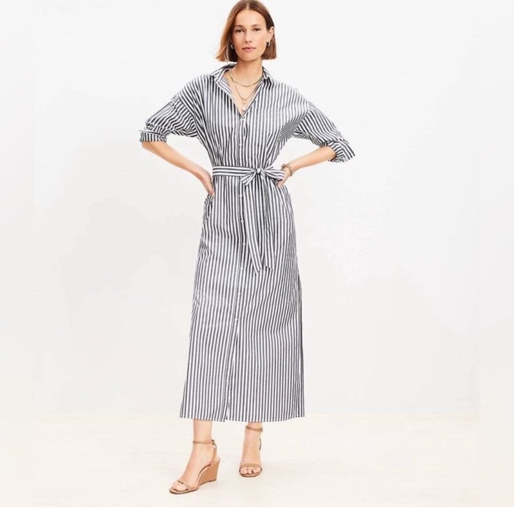 NWT Loft Striped Poplin Belted Shirtdress Large White and Dark Gray