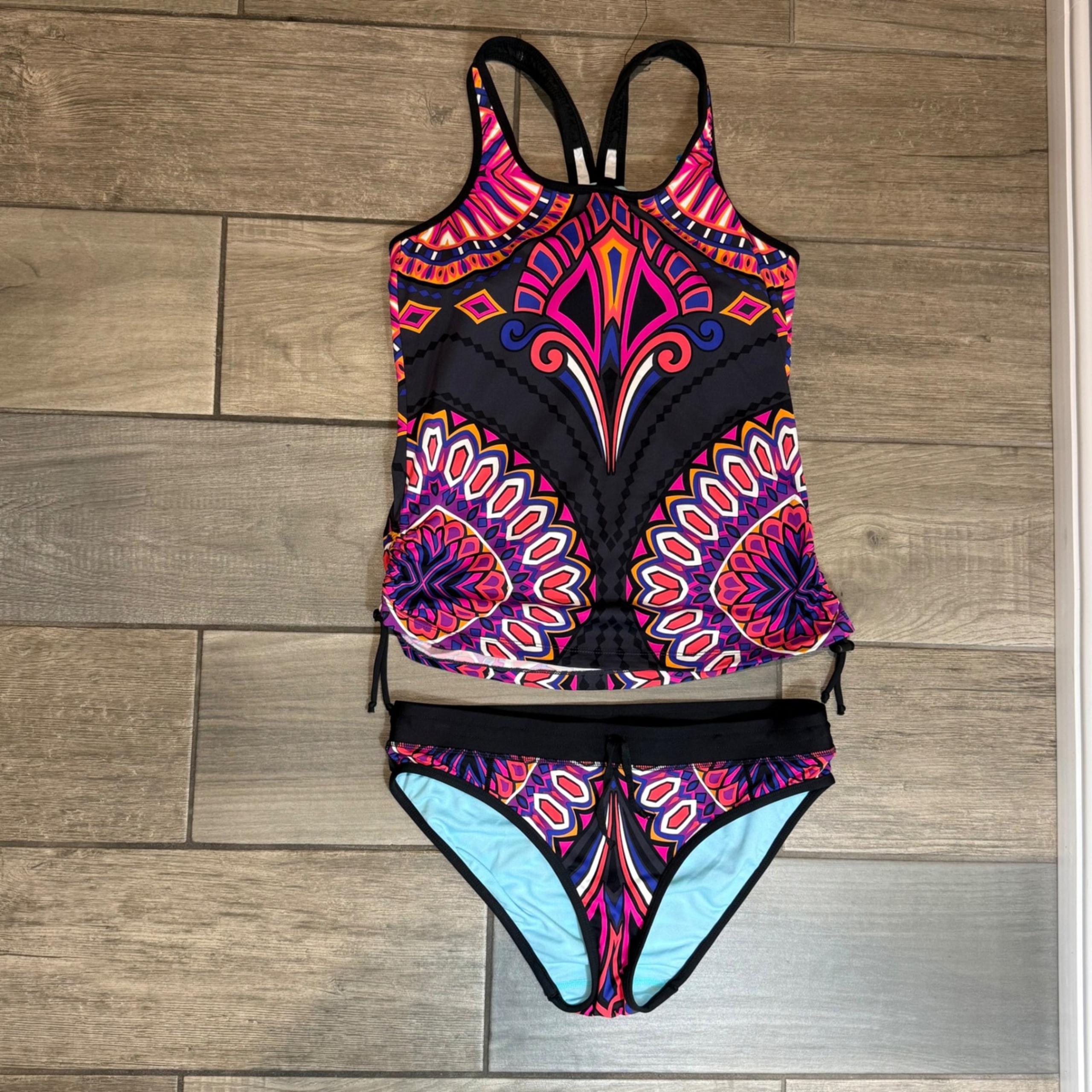 Athleta Tankini Swimsuit Set Drawstring Sides Colorful Print Size M