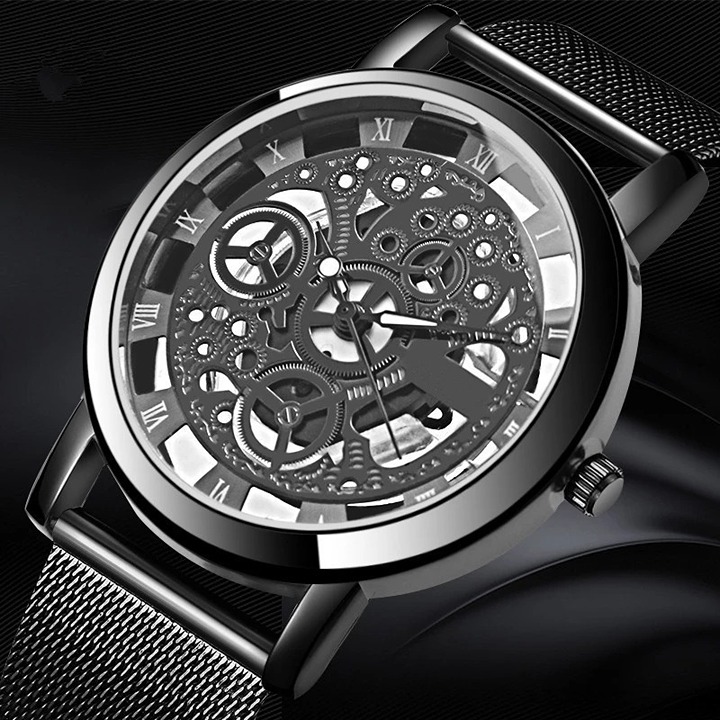 Mens Fashion Hollow Watches Stainless Steel Mesh Belt Skeleton Quartz - Black