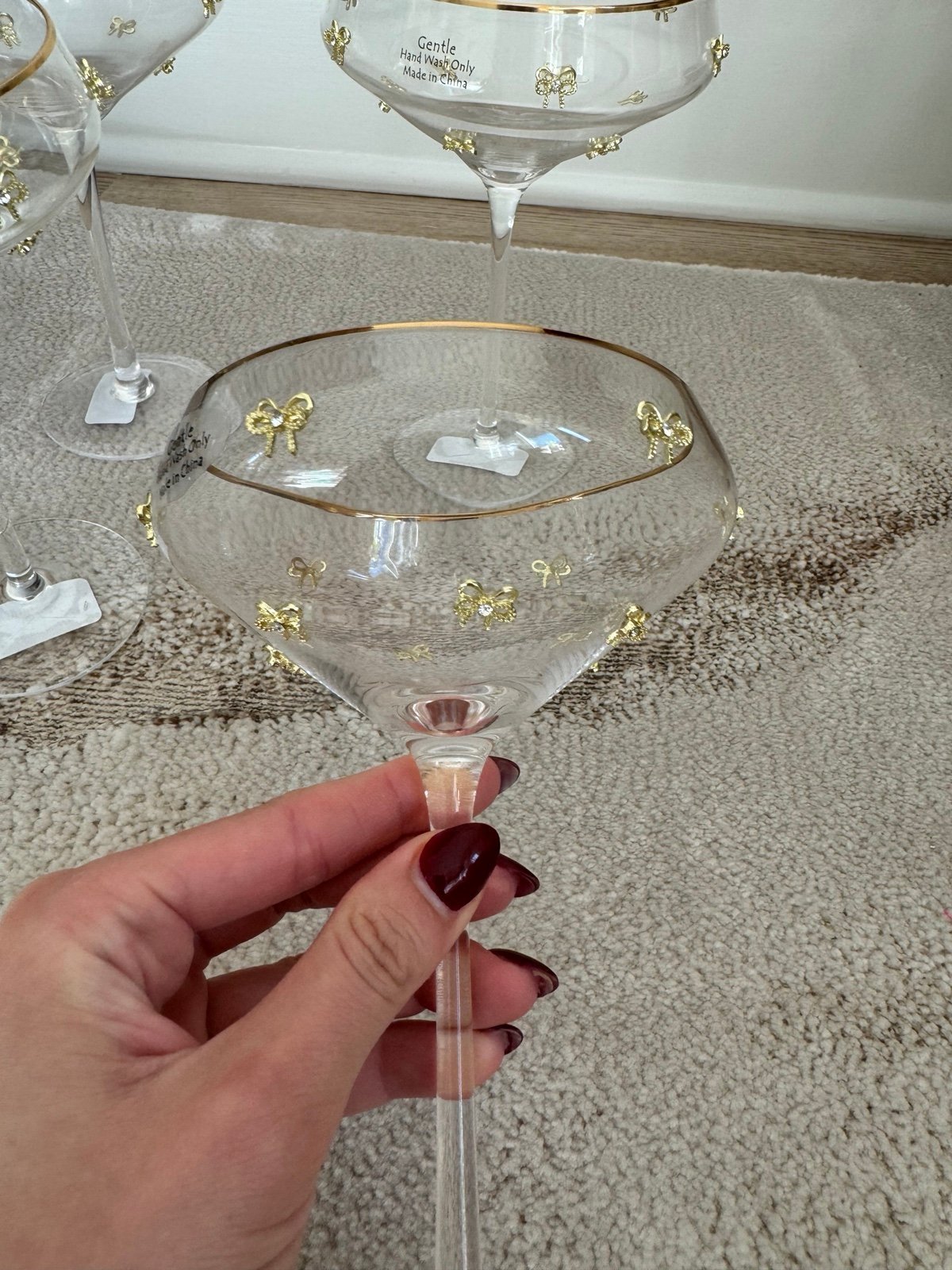 Set of 4 gold bow coupe martini cocktail glasses New with tags