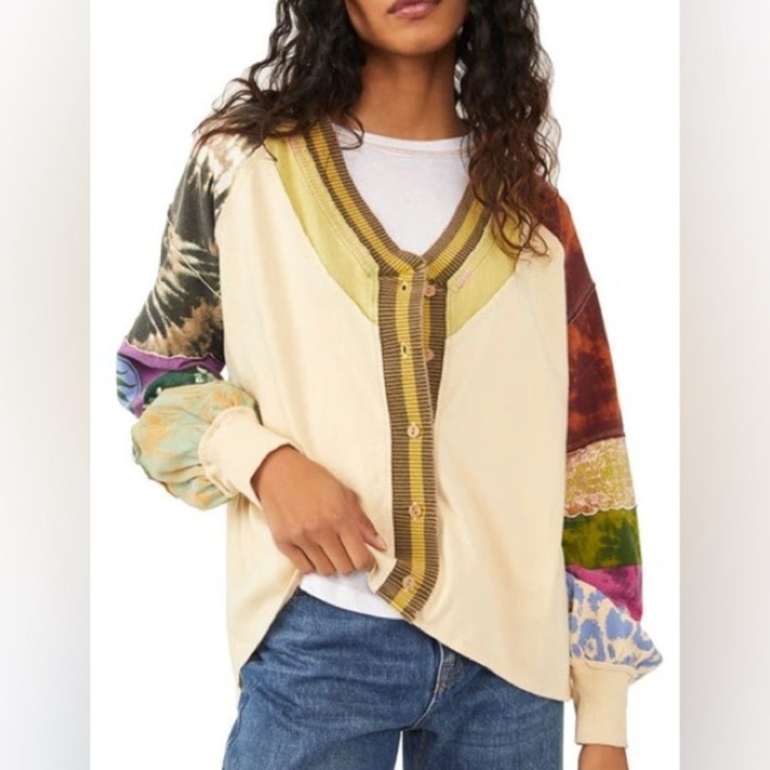 Free People L Marley Tee Mix Print Top Cardigan Bohemian Festival Hippie Boho