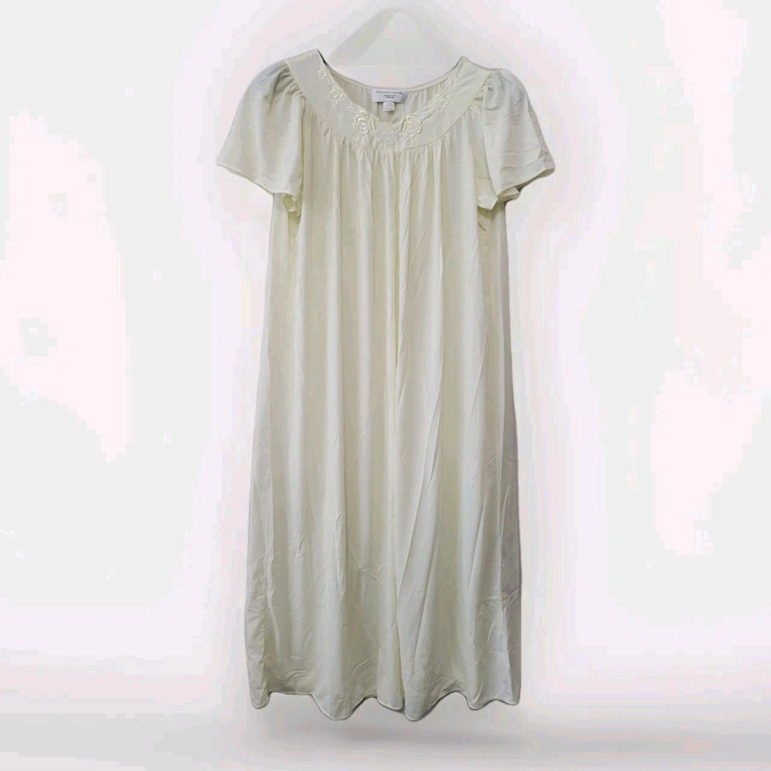 Miss Elaine Nightgown Size LARGE Yellow Floral Embroider Nylon Sleep