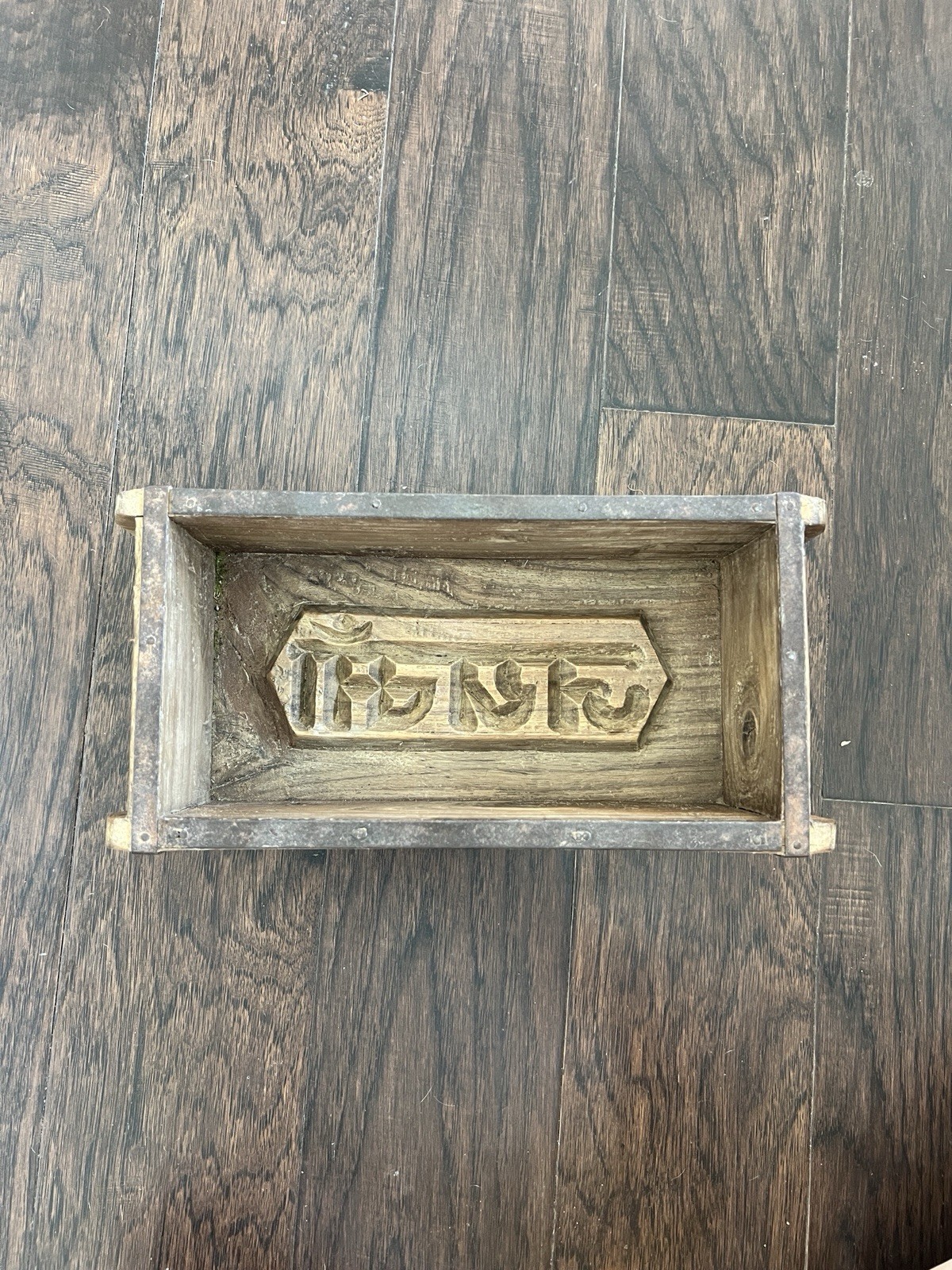 Antique Wooden Brick Mold with Metal Reinforcements – Rustic Industrial Decor