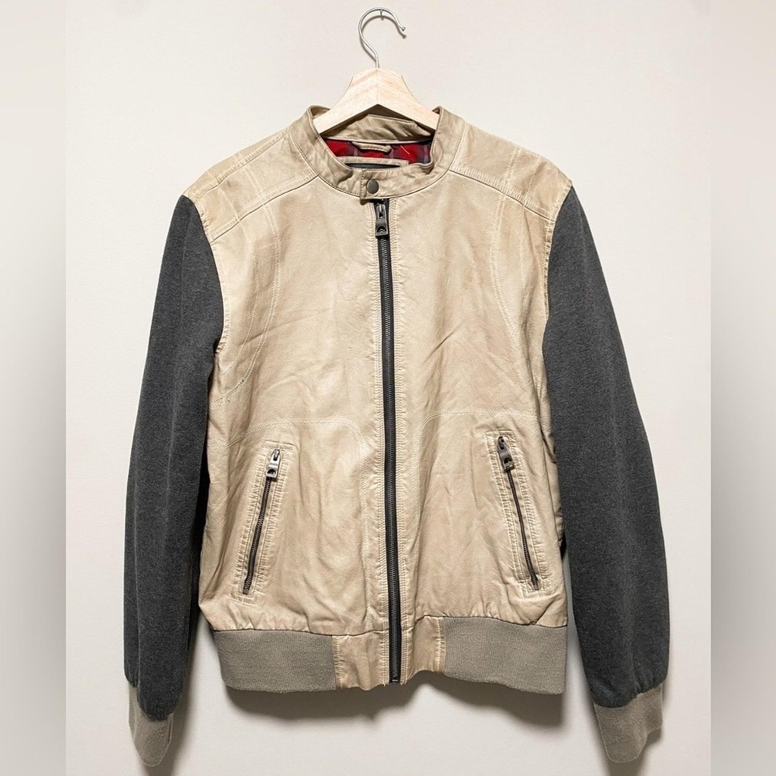 GUESS Leather beige cream Jacket | Detachable Hoodie | Mens size Medium