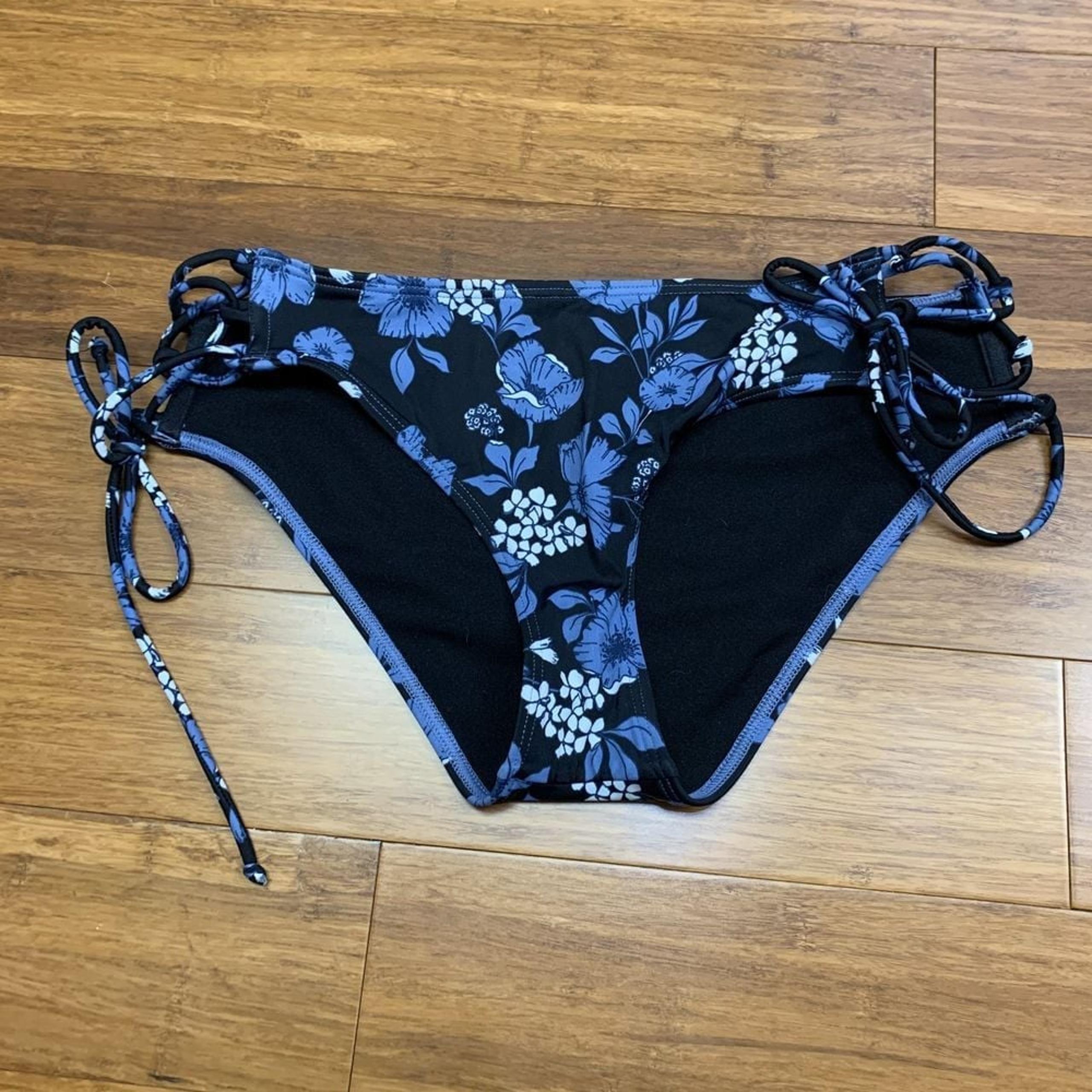 Adore Me Bikini Bottoms Womens Small Black Blue Floral Side-Tie Swimwear Summer