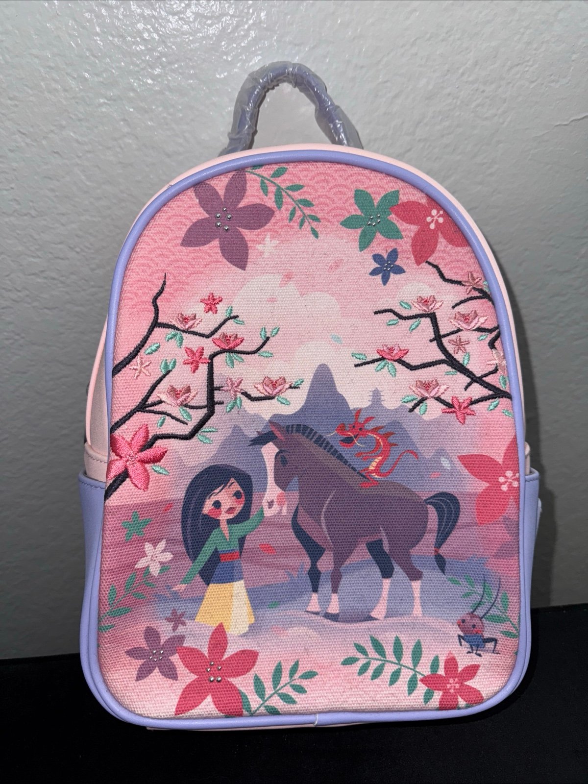 Loungefly Disney Mulan & Friends Cri-Kee Purple Canvas Faced Backpack NWT