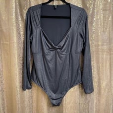 Express Gray Silver Body Contour Metallic Twist Front Long Sleeve Bodysuit, XL