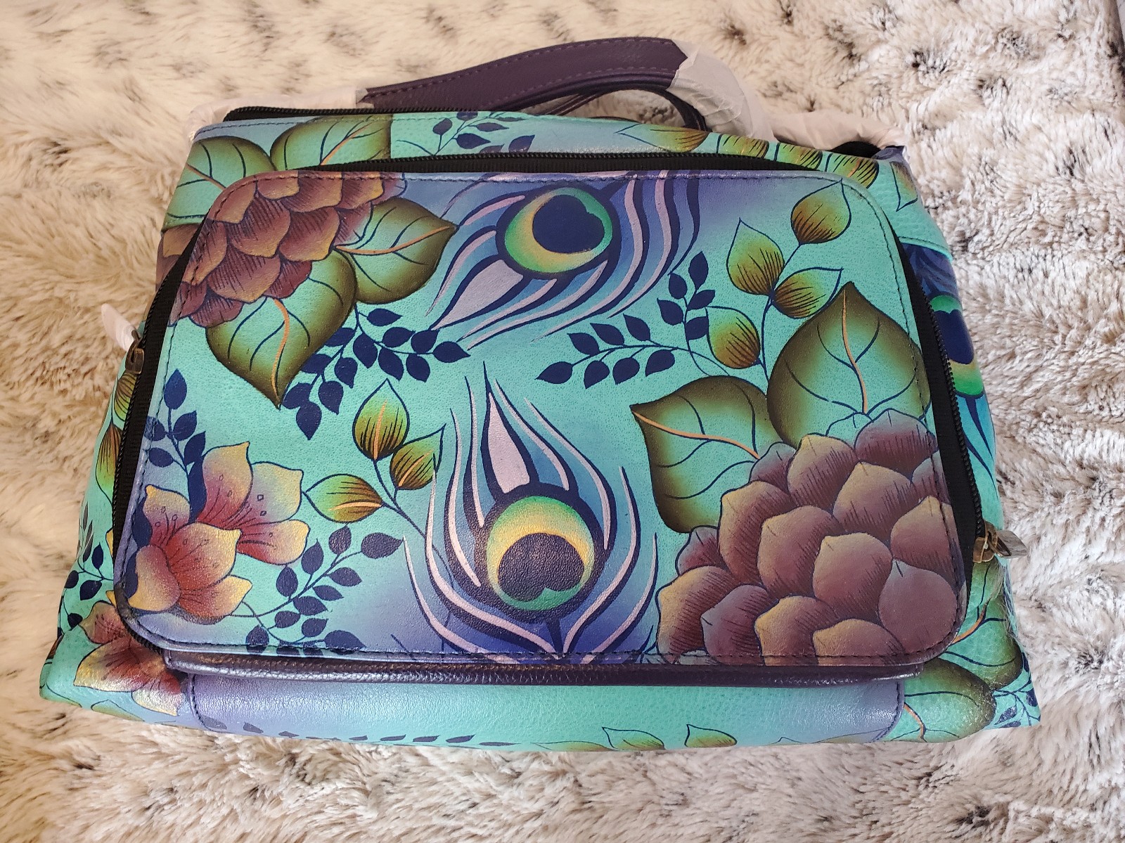 New Anuschka Anna Purse Handbag Peacock Feathers leather hand painted
