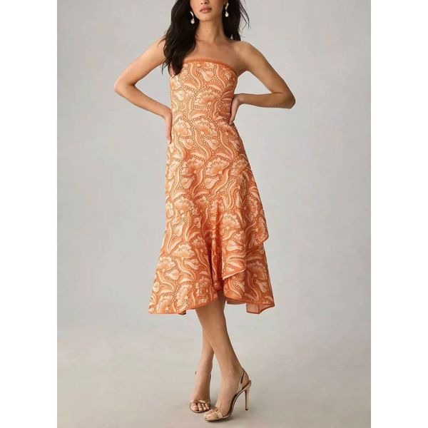 By Anthropologie Strapless Lace-Trim A-Line Midi Dress Size 6
