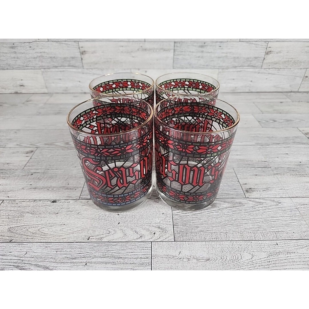 Vintage Houze Stained Glass Seasons Greetings Christmas Glasses 4 Cup Set 12oz
