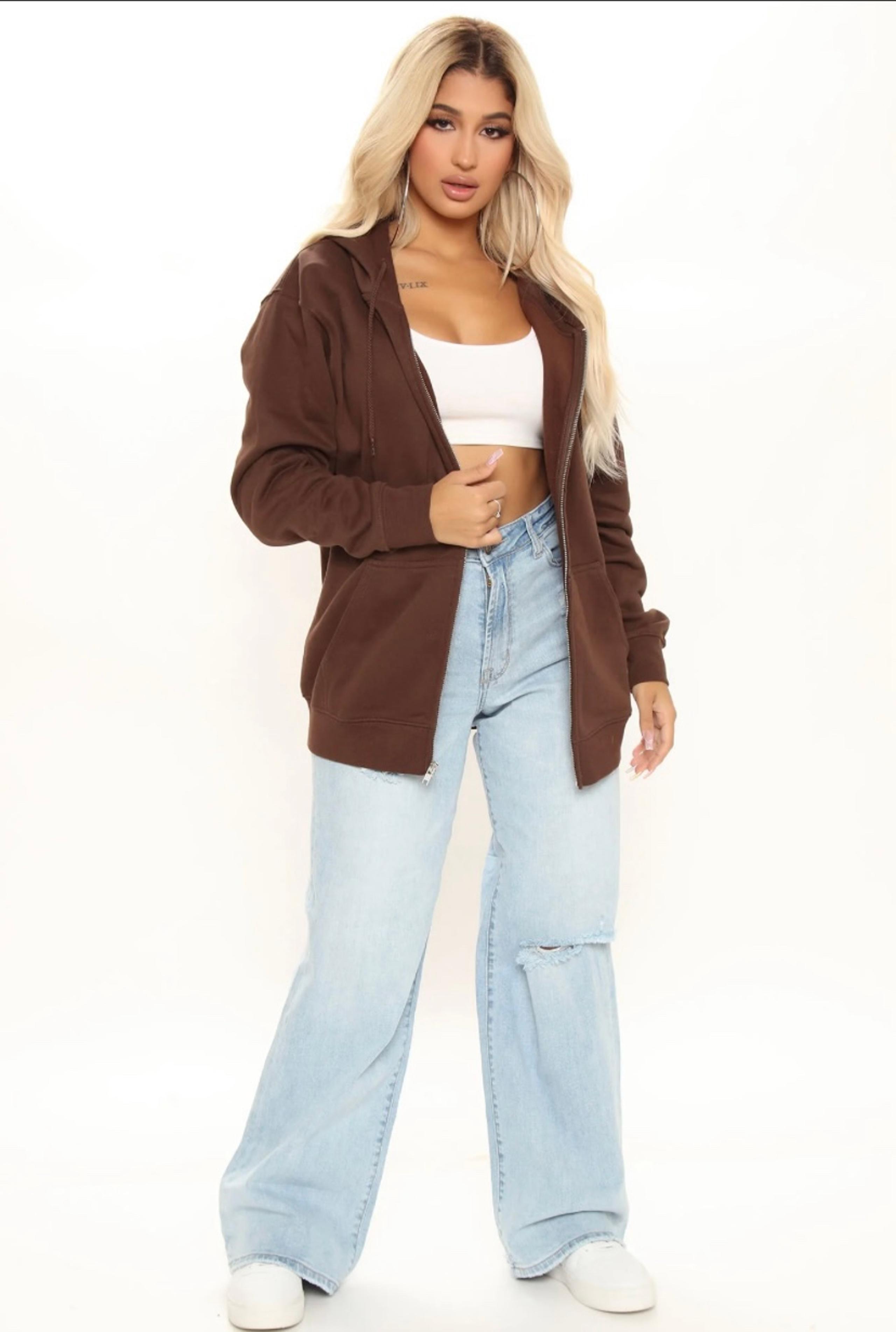 Fashion Nova Women’s Chocolate Brown Oversized Boyfriend Zip Up Hoodie Large