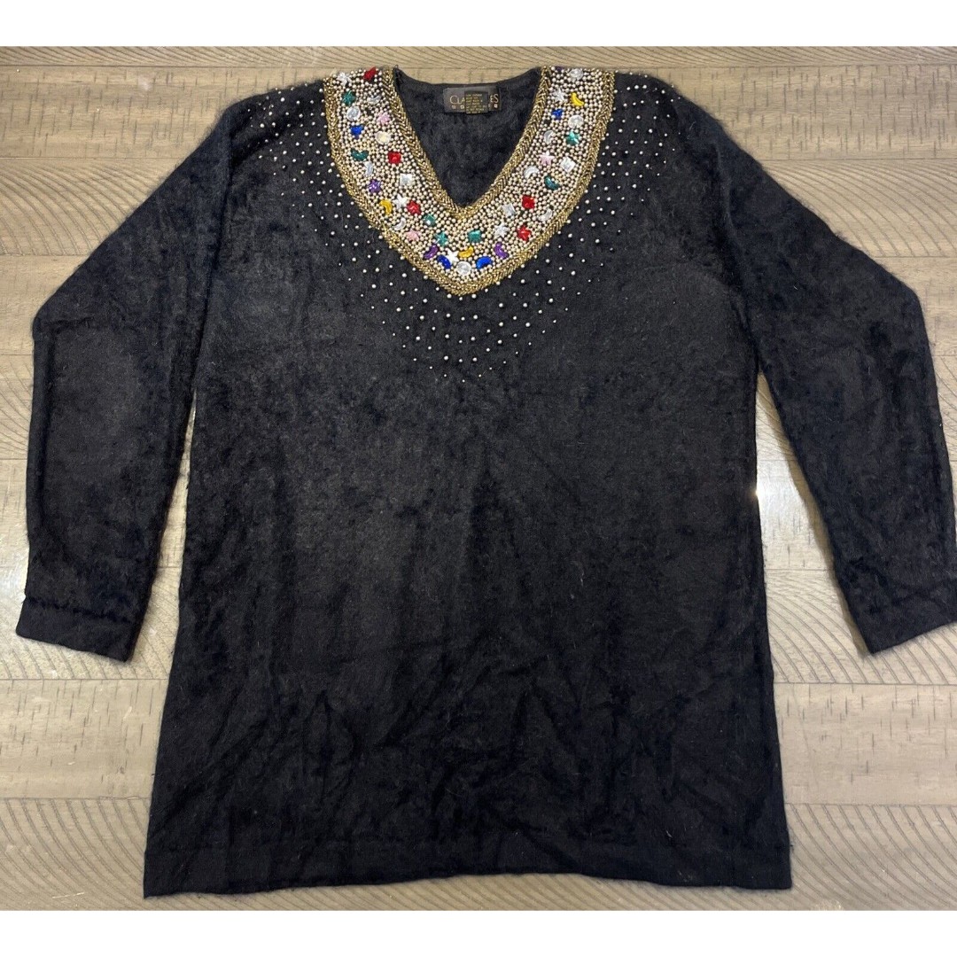 Angora Fuzzy Vintage Pullover Sweater Top Christmas Holiday Jewel CLASSIQUES